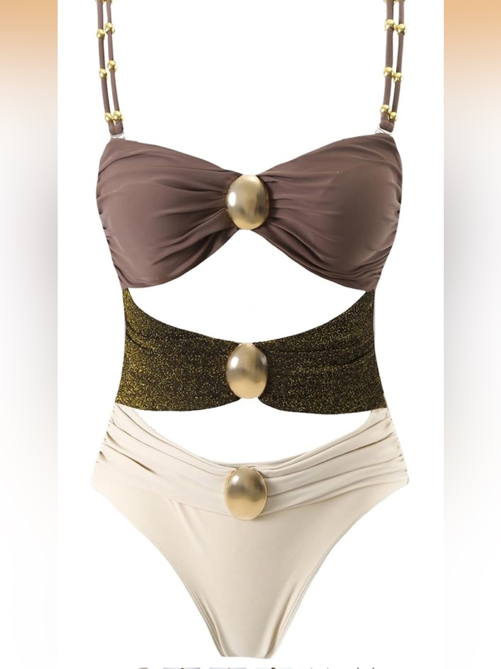 Women’s one Piece Three-Tone Gold Accent Monokini - Brown, Gold & Cream XL